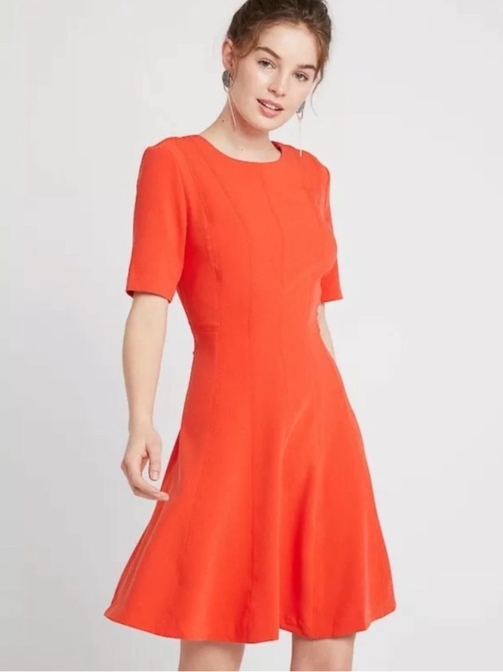 Banana Republic Geo Red Linear Seam Fit and Flare Dress Half Sleeve
